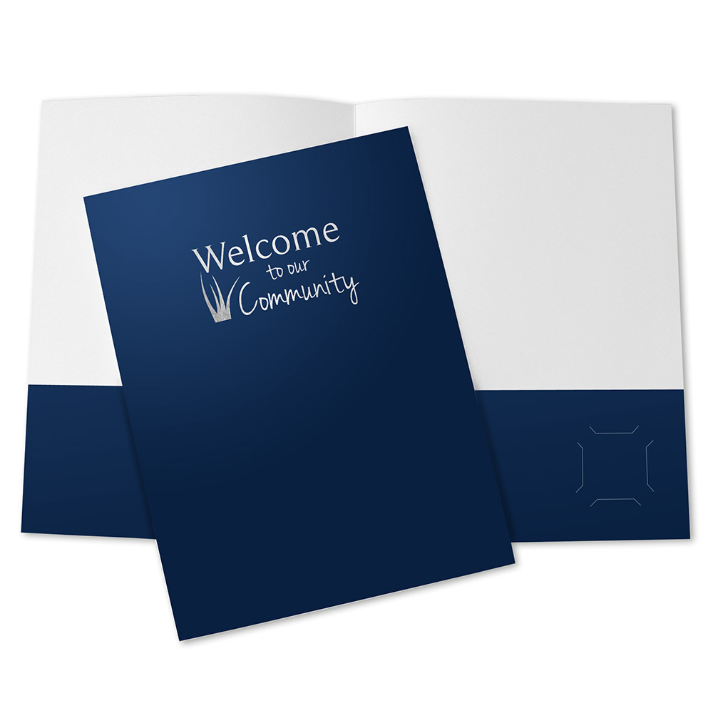 Blue community welcome folder with silver foil imprint