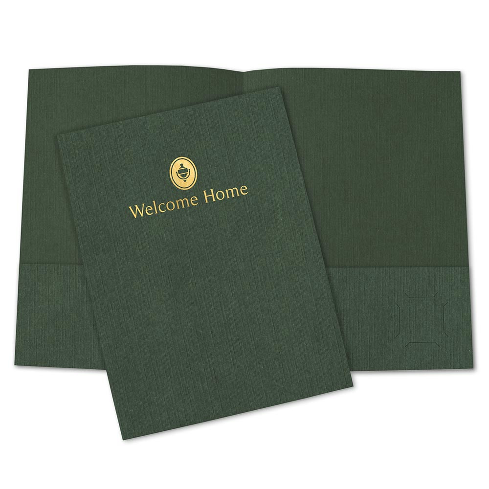 Green linen realtor welcome folder with traditional door knocker design