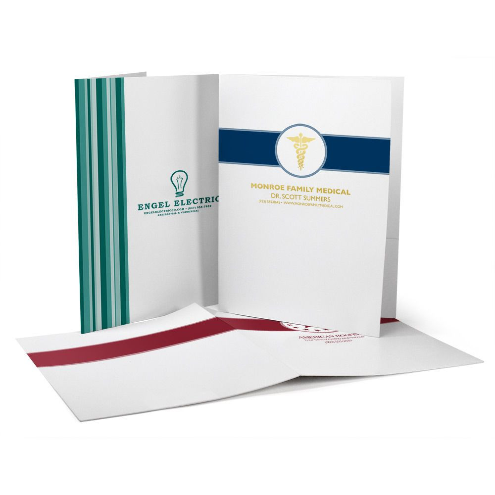 Stock printed pocket folders with space to add your logo