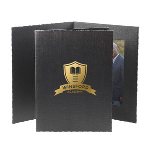 Custom black portrait folder with gold foil logo Custom black portrait folder with gold foil logo