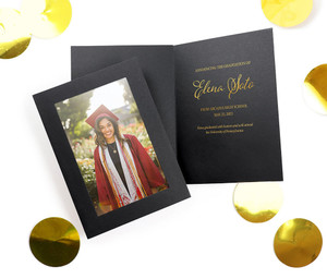 Black graduation announcement photo insert card with gold foil imprint inside the cards Black graduation announcement photo insert card with gold foil imprint inside the cards