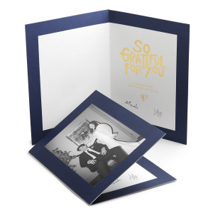 Navy blue photo insert card with gold foil stamped message