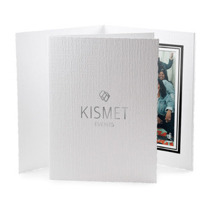 Custom white portrait folder with logo and black foil border Custom white portrait folder with logo and black foil border