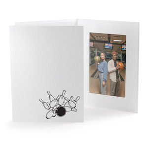 Vertical white photo folder with bowling icon stamped in black foil Vertical white photo folder with bowling icon stamped in black foil