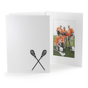 Vertical white photo folder with lacrosse icon stamped in black foil Vertical white photo folder with lacrosse icon stamped in black foil