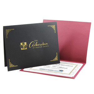 Paper certificate folders in black and burgundy with custom imprints Paper certificate folders in black and burgundy with custom imprints