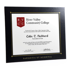 Personalized black certificate frame with Latin school slogan imprinted on the frame border Personalized black certificate frame with Latin school slogan imprinted on the frame border
