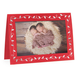 Red Christmas card with silver foil holiday lights design Red Christmas card with silver foil holiday lights design