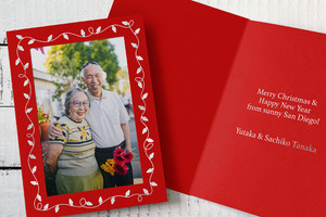 Personalized red photo insert Christmas card with holiday lights frame border Personalized red photo insert Christmas card with holiday lights frame border