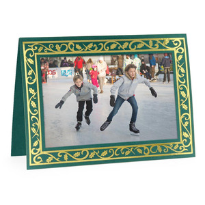 Green photo insert Christmas card with gold foil holly border design Green photo insert Christmas card with gold foil holly border design