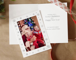 Personalized photo frame card with holiday snowflakes window frame design Personalized photo frame card with holiday snowflakes window frame design