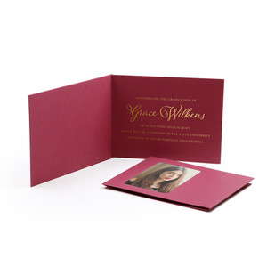 Burgundy wallet photo holder card with gold foil stamped graduation announcement Burgundy wallet photo holder card with gold foil stamped graduation announcement