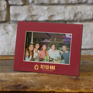 Personalized burgundy cardboard frame with company logo imprinted in gold foil Personalized burgundy cardboard frame with company logo imprinted in gold foil