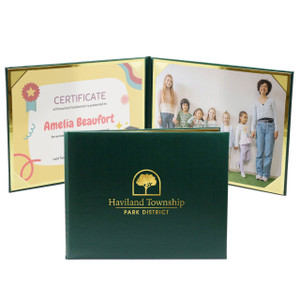 Custom imprinted dark green photo folio with gold foil logo imprint and gold window borders Custom imprinted dark green photo folio with gold foil logo imprint and gold window borders