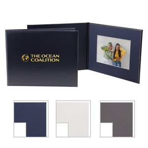 Navy blue folio with dark blue photo mat for a 5x7 photo. Front cover has a gold foil logo imprint. Navy blue folio with dark blue photo mat for a 5x7 photo. Front cover has a gold foil logo imprint.