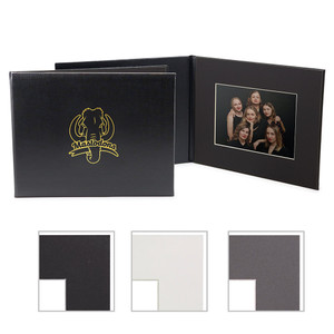 Personalized black photo folio with gold foil mascot imprint on the front cover and black mat board. Personalized black photo folio with gold foil mascot imprint on the front cover and black mat board.