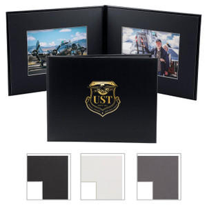 Personalized black photo folio with black mats for two horizontal 5x7 photos Personalized black photo folio with black mats for two horizontal 5x7 photos