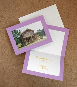 Light purple photo frame card with gold foil stamped message inside the card