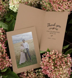 Recycled kraft photo insert card with wedding thank you message.
