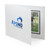 Custom white portrait folder with metallic blue foil logo imprint