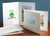 Custom white 4x6 photo folders with logo imprints in green, blue, and gold foils