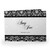 Black and white brocade photo folder with couple's names in a script font on the front cover