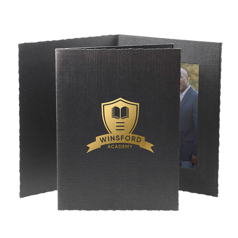 Custom black portrait folder with gold foil logo