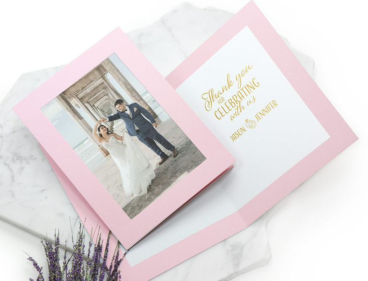 Pink photo insert card with gold foil wedding thank you imprint