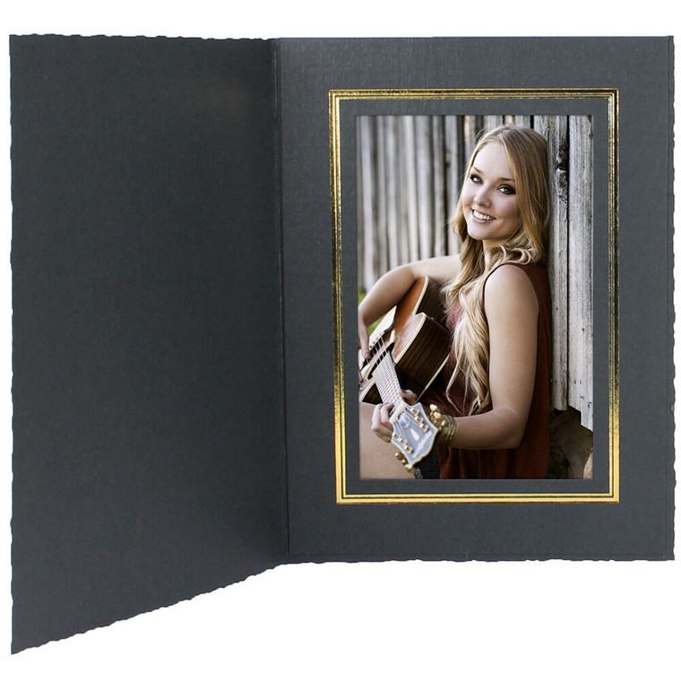 Black portrait folder with gold foil window frame border