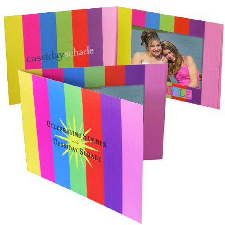 Brightly colored custom printed deluxe photo folder with rainbow stripes with event branding on the front cover