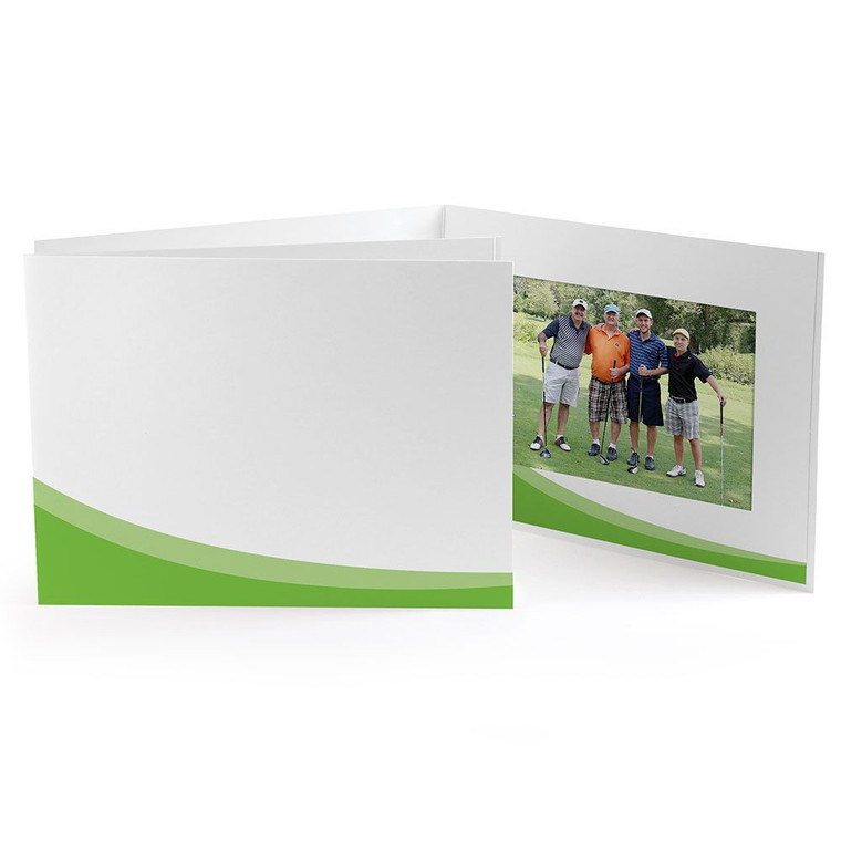 Horizontal 4x6 green golf swoosh photo event folder with large white space for personalization.