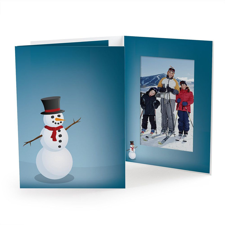 Joyful snowman on blue background on a vertical 4x6 photo folder for Christmas events