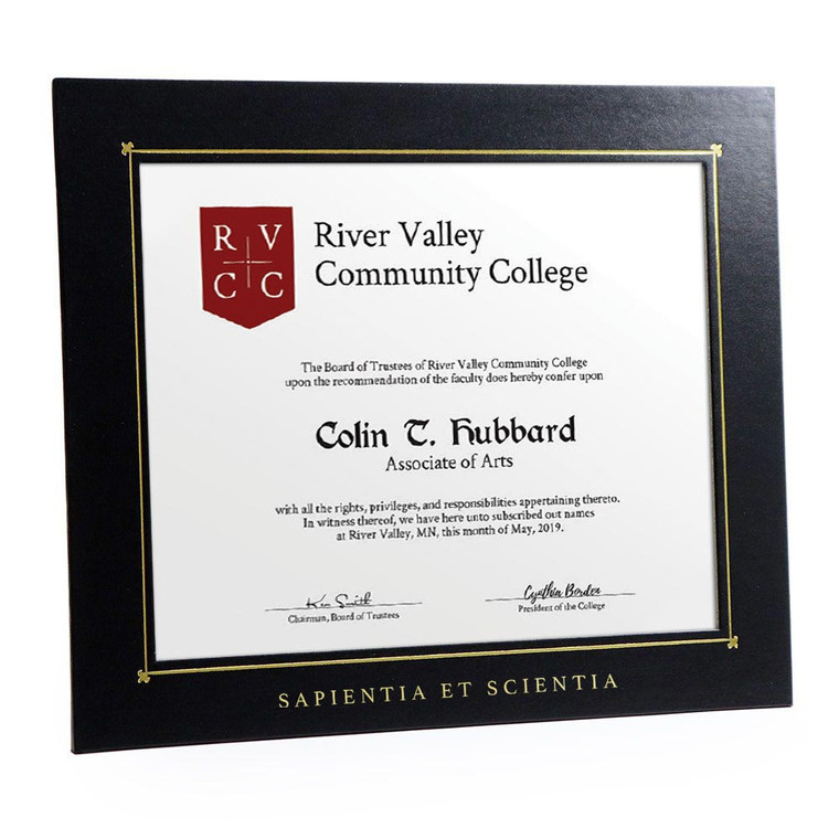 Personalized black certificate frame with Latin school slogan imprinted on the frame border
