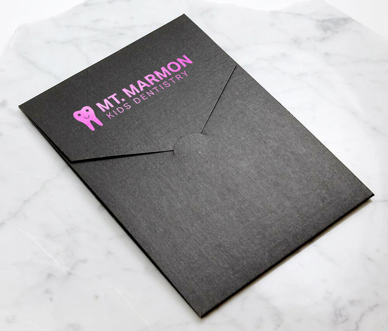 Custom black paper frame with pink logo imprint