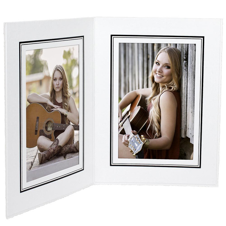 Vertical white portrait folder holds two prints side-by-side