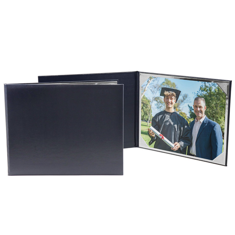 Navy blue padded photo folio for one horizontal 8x10 print.