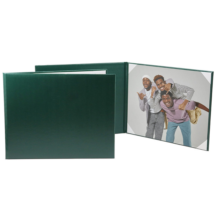 Blank green photo folio for one horizontal 8x10 print held in place with white moire ribbons