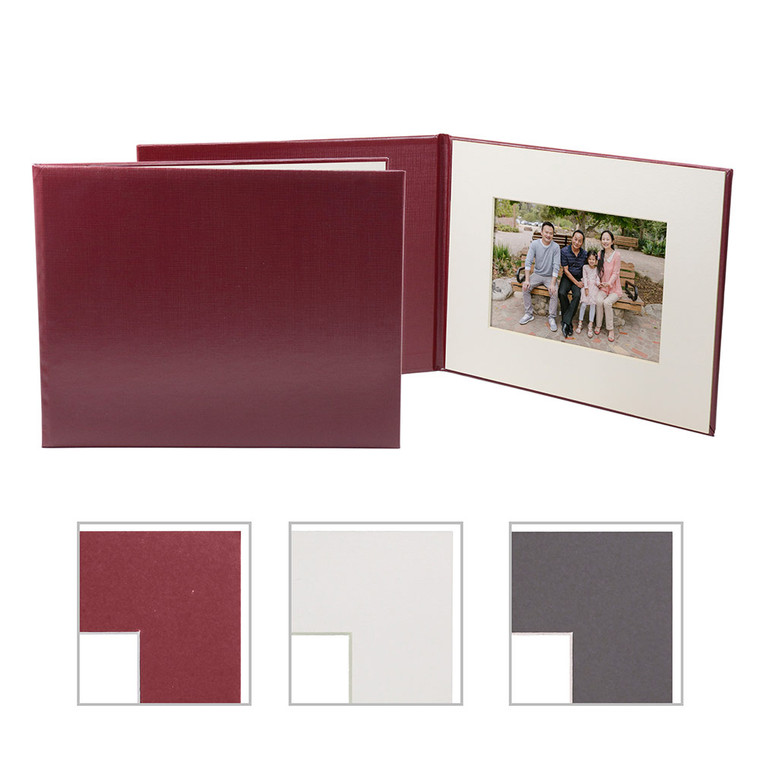 Blank burgundy padded folio with cream-colored photo mat inside. Three mat color options are burgundy, cream, and gray.
