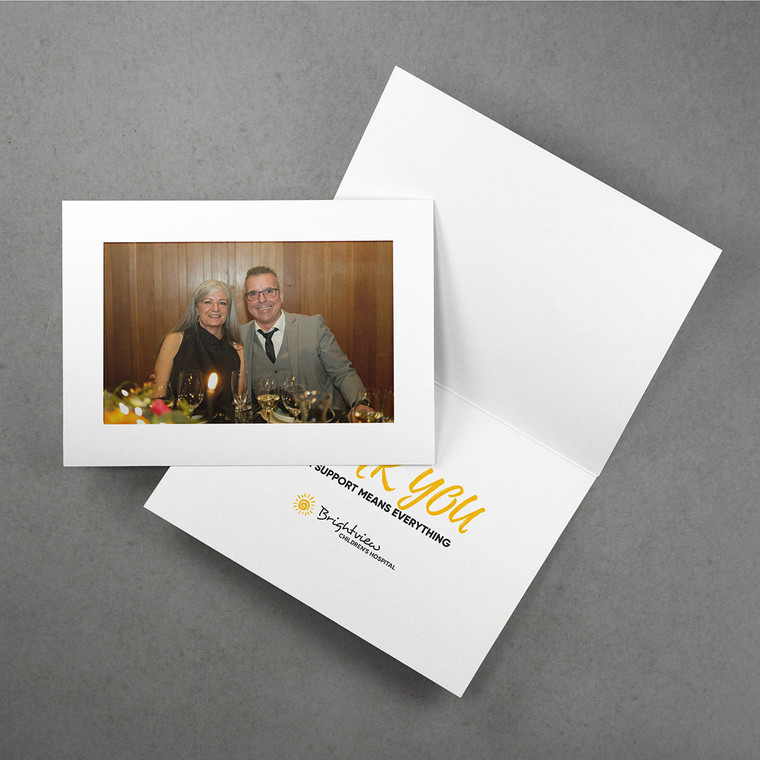 White photo card with custom message printed inside the card