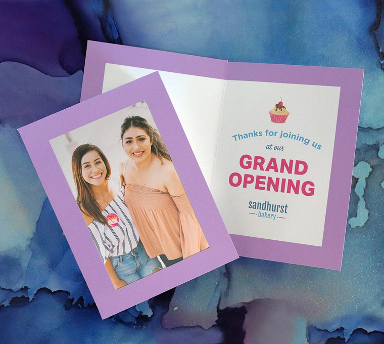 Light purple photo insert card with printed personalization