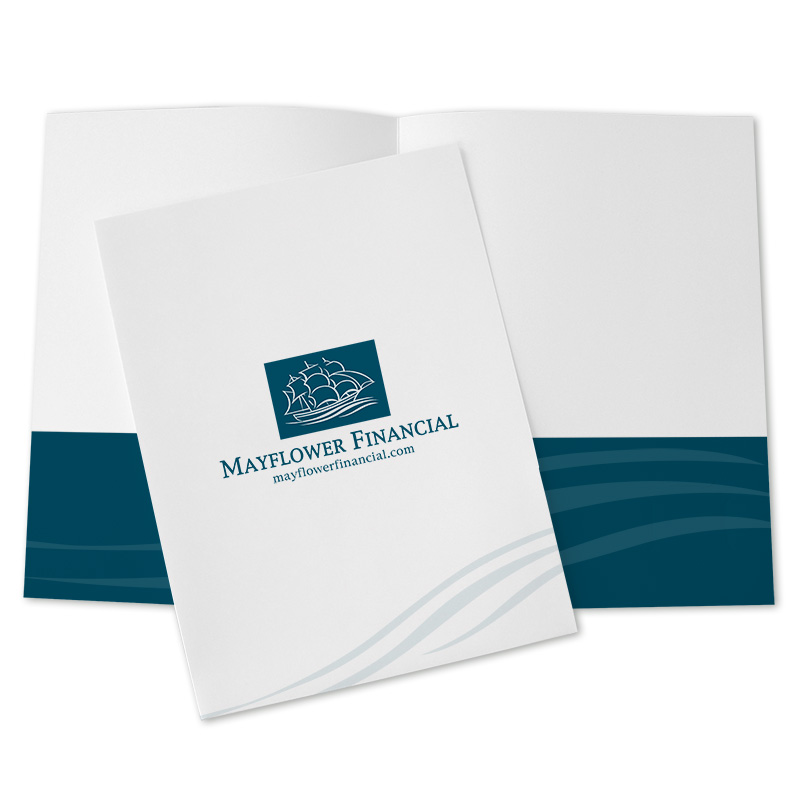 White pocket folder with blue design in varying shades that creates depth in the design.