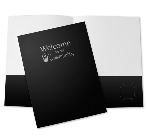 Black welcome folder with silver imprint