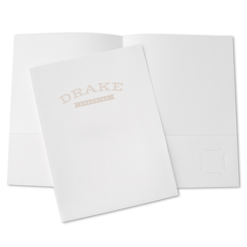 White pocket folder with logo that doesn't stand out against the background