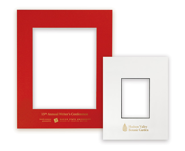 Red and white custom picture frame mats with gold foil logo imprints