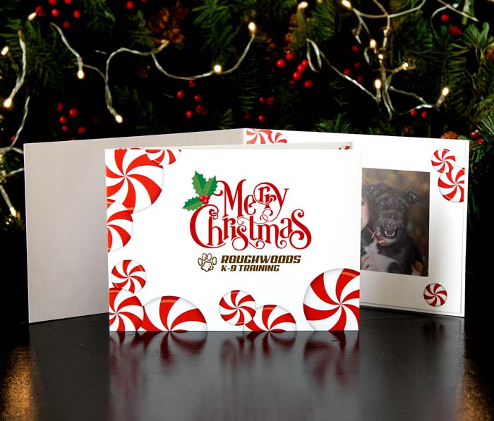 Christmas candy-themed photo folder with custom event logo on the front cover
