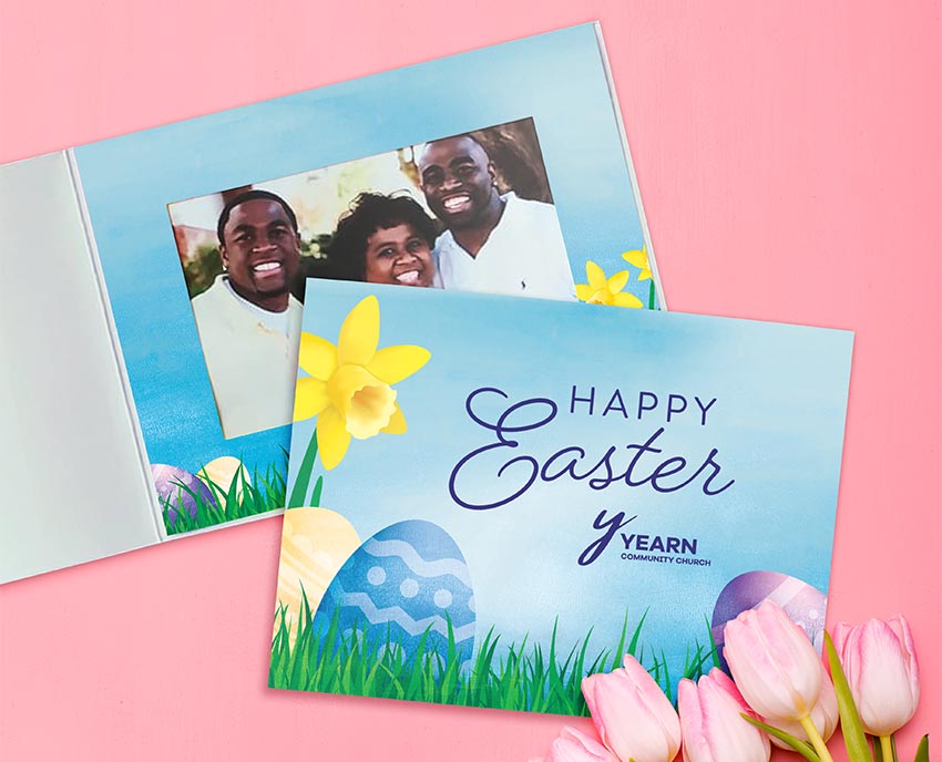 Easter-themed photo folder with church event logo