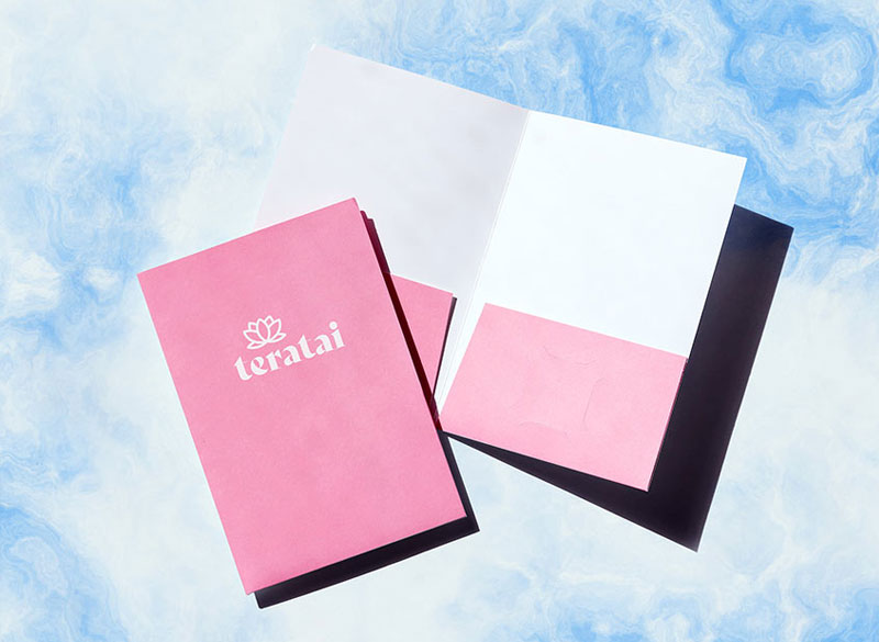 Small bright pink pocket folder with white foil stamped company logo on the front cover.