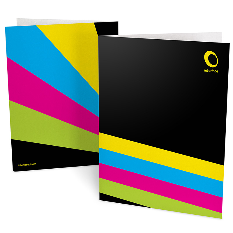 Front and back cover design of a colorful custom pocket folder