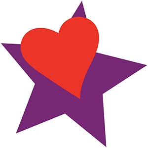 Graphic icon of a red heart on a purple star