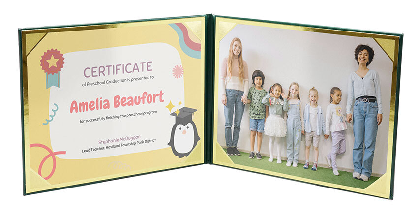 Green photo folio holding two 8x10 inserts side by side in gold borders